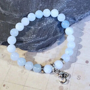 Om Aum Zen Mantra Mindfulness Light Blue Agate Gemstone Stretch Bracelet